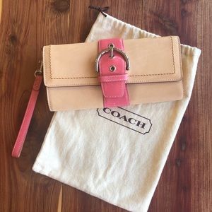 Coach Natural &Pink Leather Buckle Clutch Wristlet